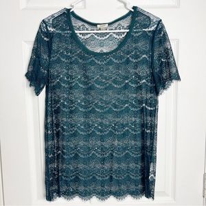 Fossil | Dark Teal Green Tidal Lace Transparent Short Sleeve Top